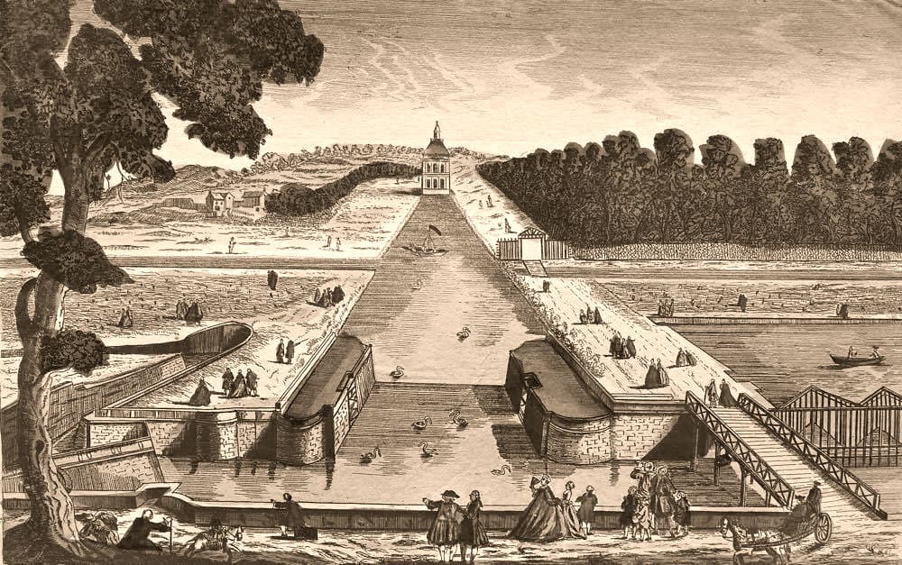 gravure de gabriel Perelle : Grande écluse du Pavillon de Manse à Chantilly