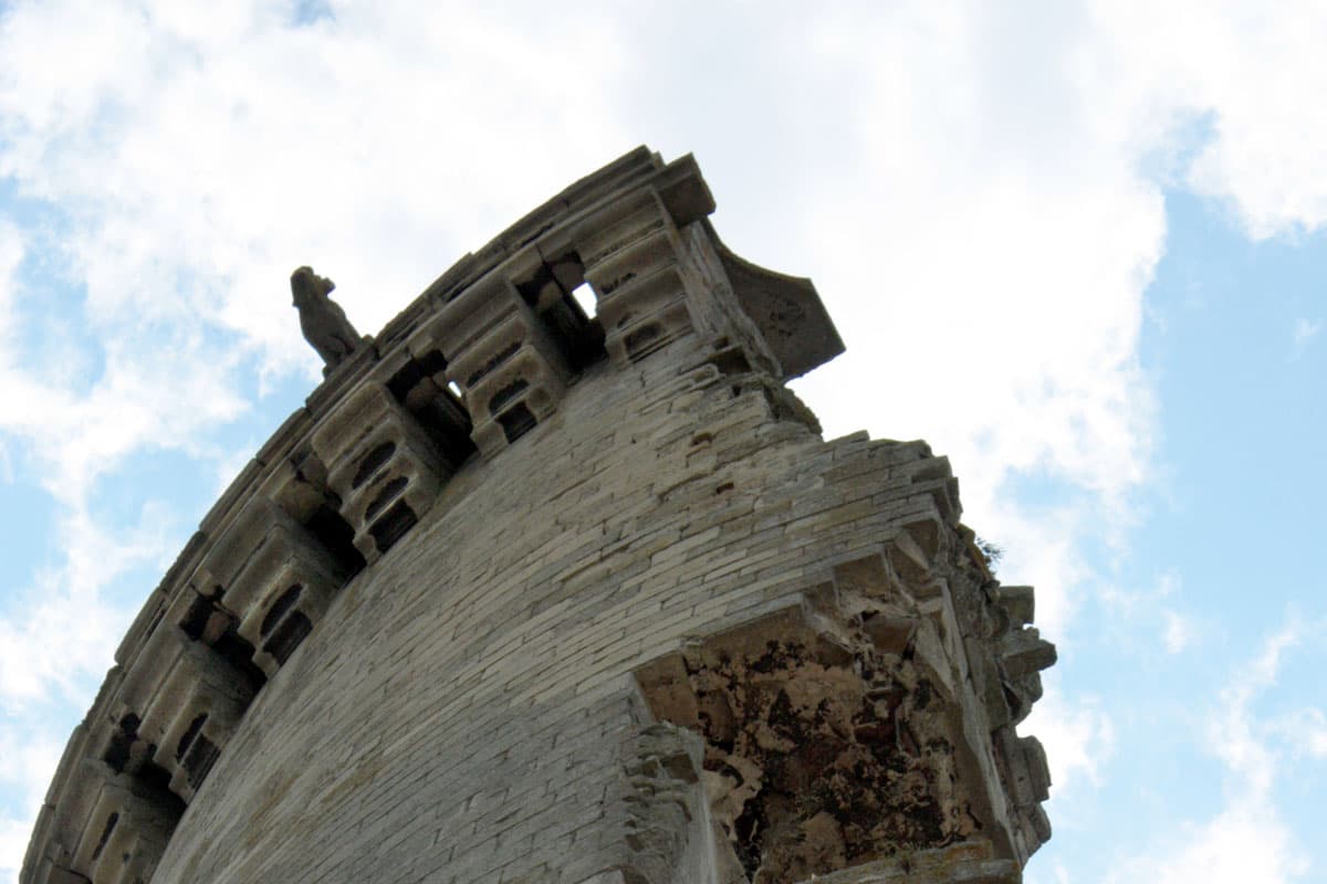 gargouille et mâchicoulis en haut du donjon au château de Montépilloy